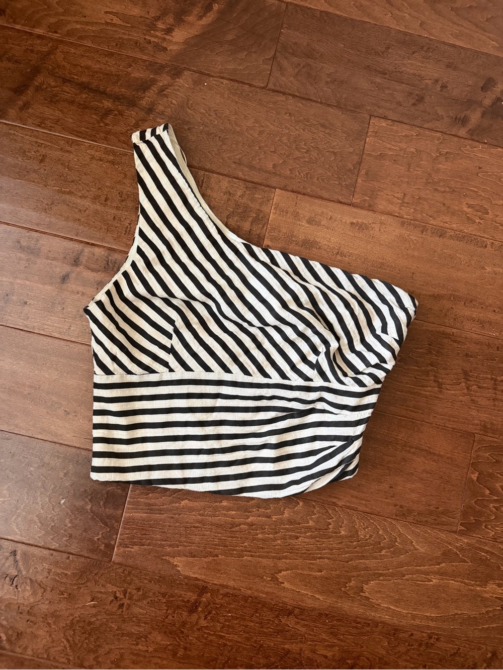 One-Shoulder Black and White Striped Crop Top